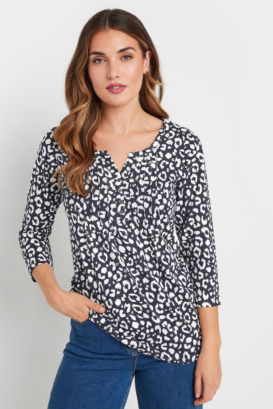 Long Tall Sally Navy Blue Leopard Print Henley Top
