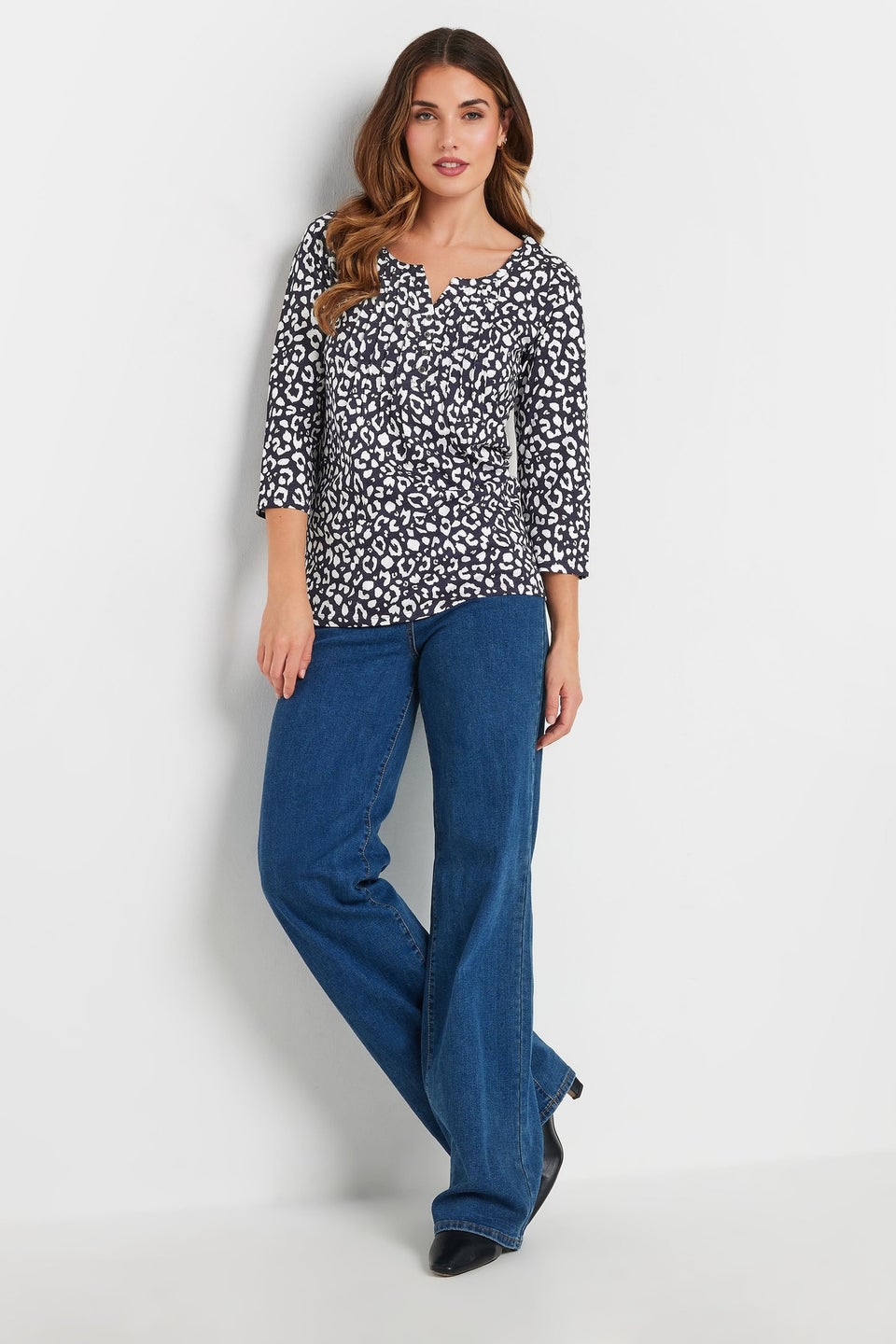 Long Tall Sally Navy Blue Leopard Print Henley Top