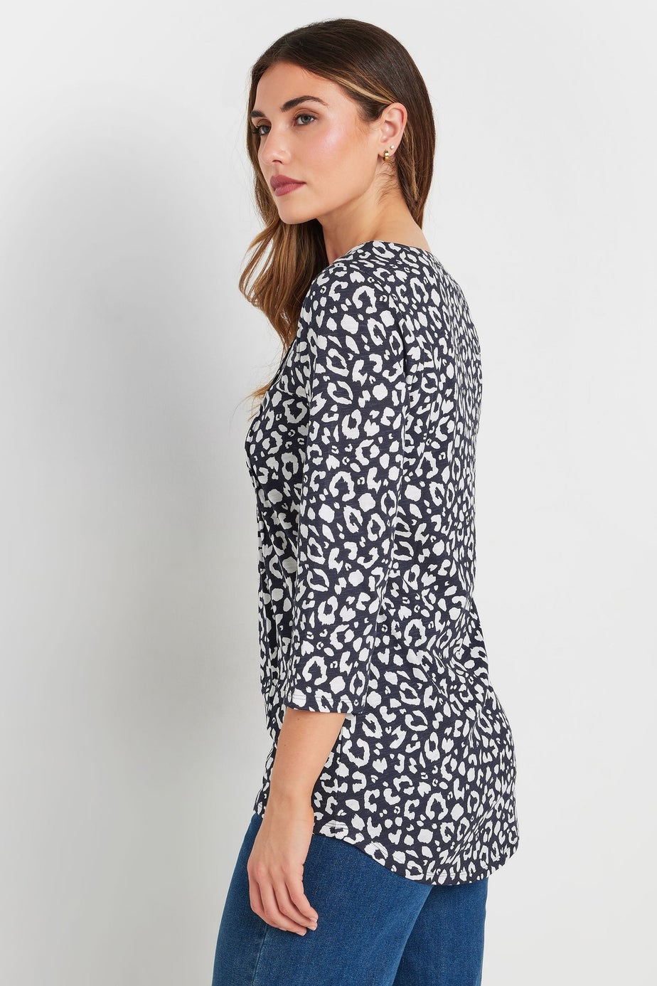 Long Tall Sally Navy Blue Leopard Print Henley Top