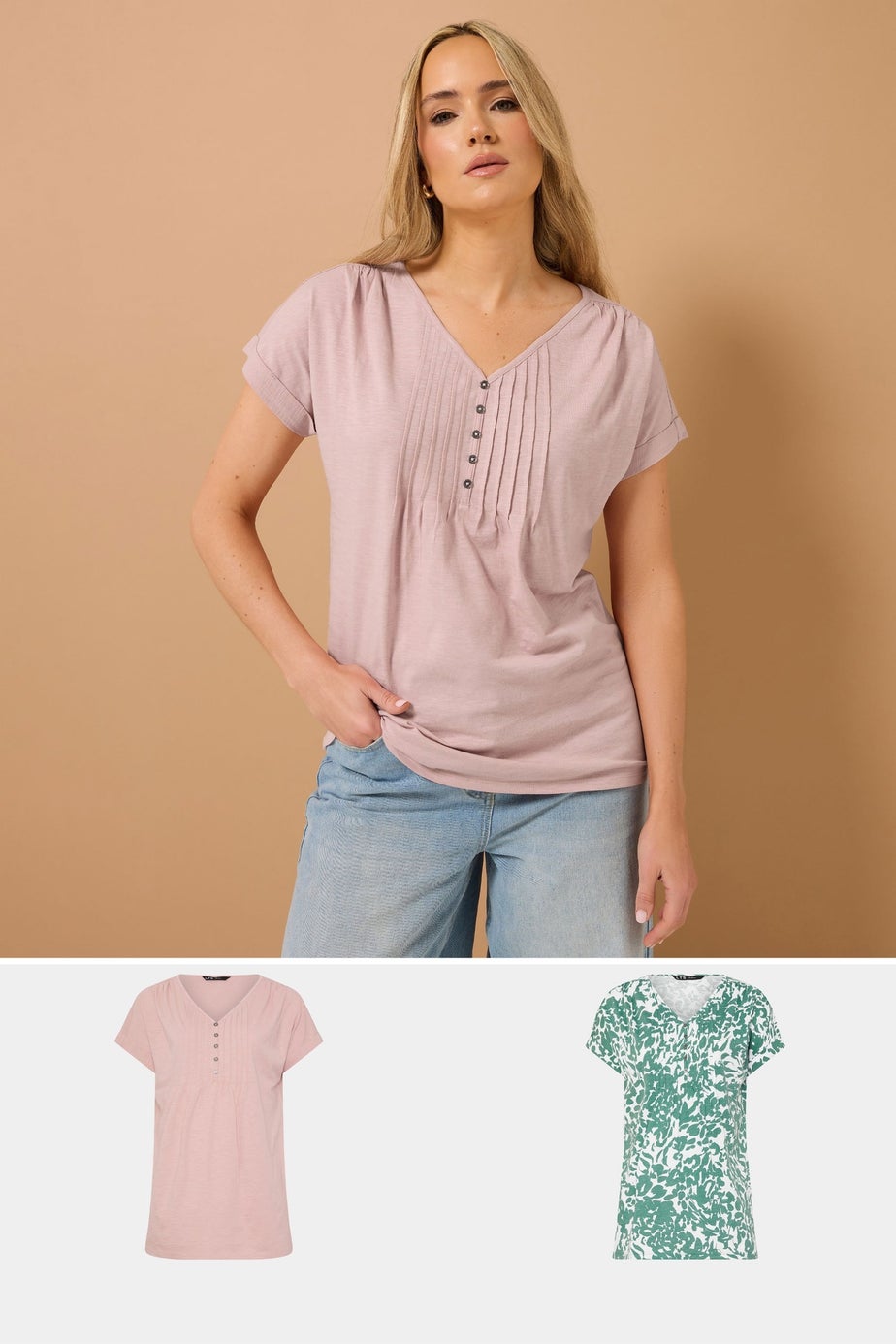 Long Tall Sally 2 Pack Pink & Green Floral Cotton Henley Tops