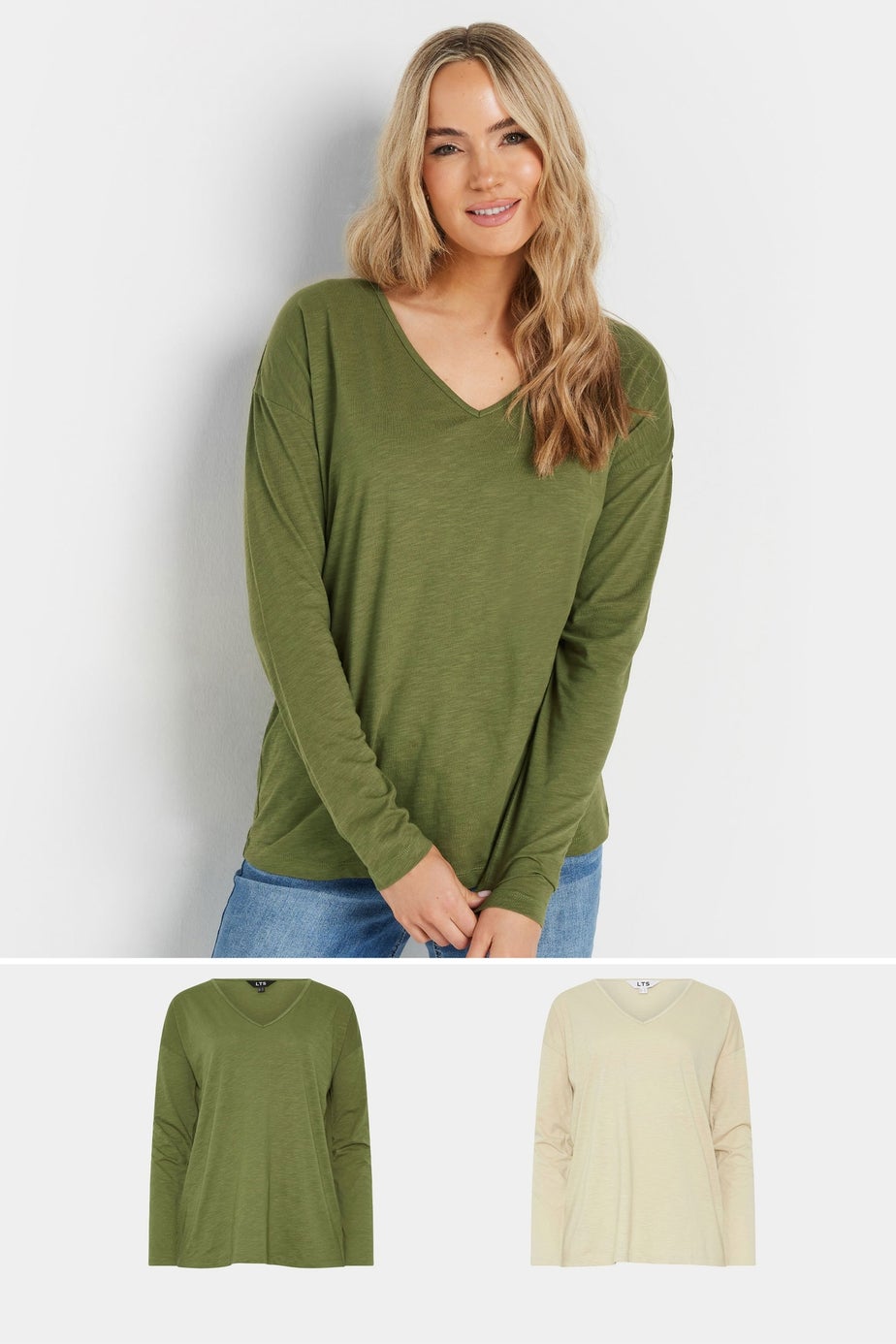 Long Tall Sally 2 Pack Stone Brown & Green Long Sleeve T-Shirts