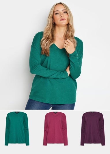 Long Tall Sally 3 Pack Pink & Purple V-Neck Long Sleeve T-Shirts