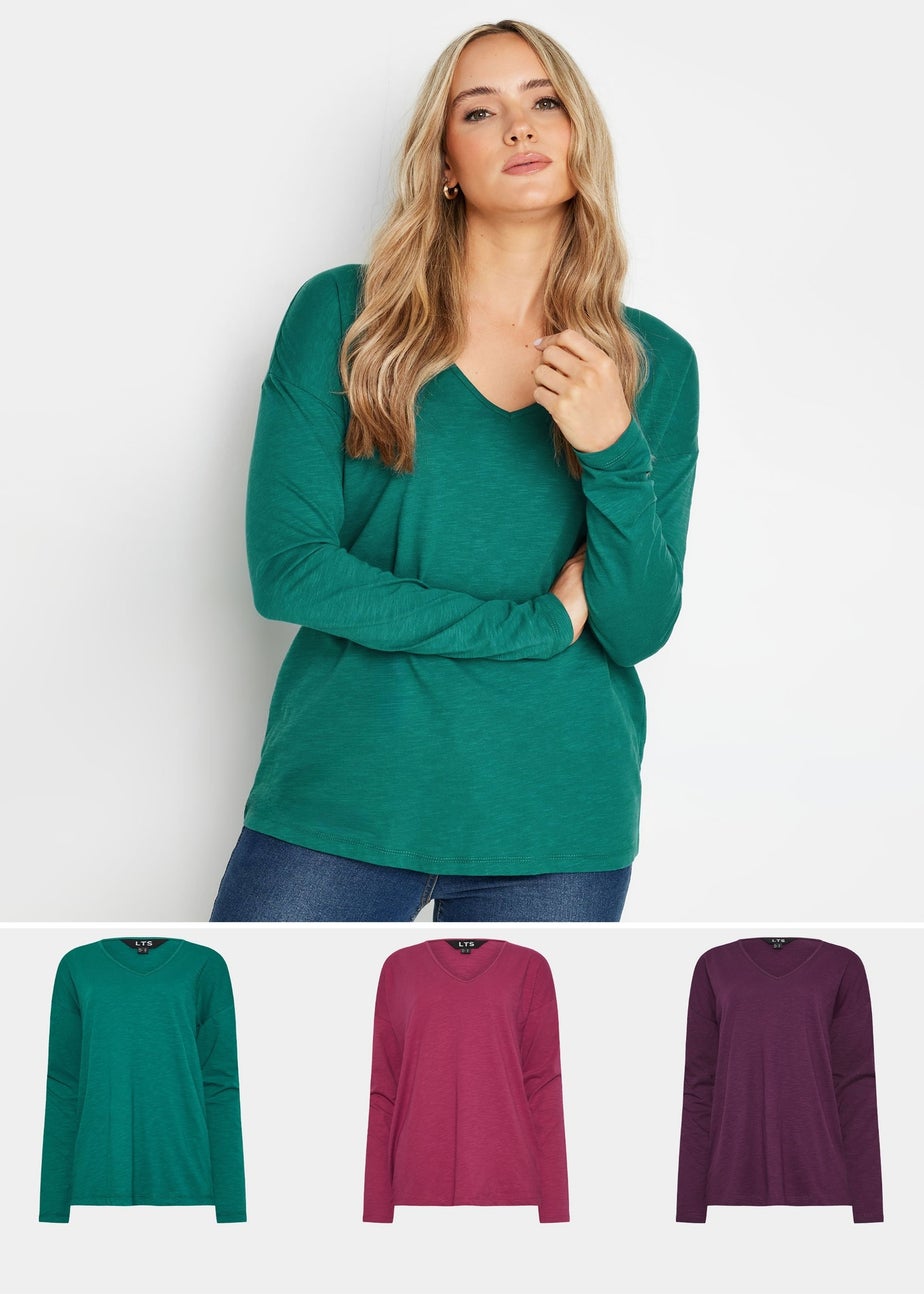 Long Tall Sally 3 Pack Pink & Purple V-Neck Long Sleeve T-Shirts
