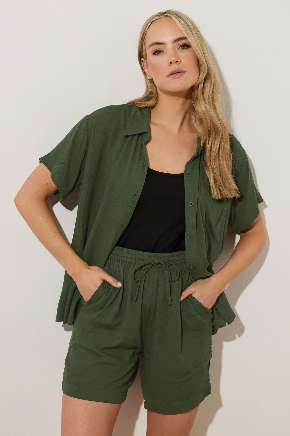 Long Tall Sally Khaki Green Cotton Crinkle Shorts