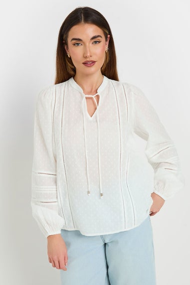 Long Tall Sally White Cotton Dobby Tie Neck Blouse