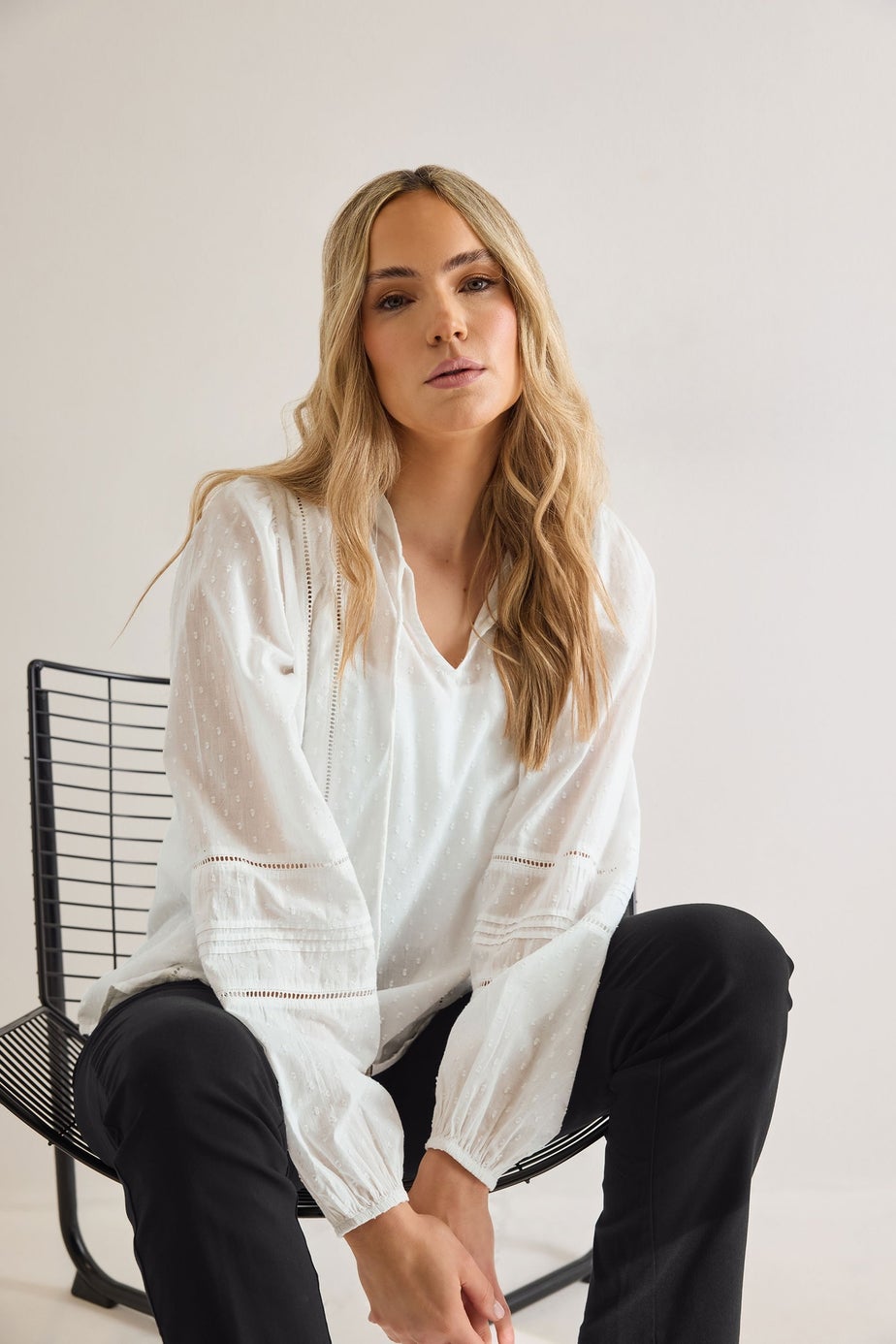 Long Tall Sally White Cotton Dobby Tie Neck Blouse