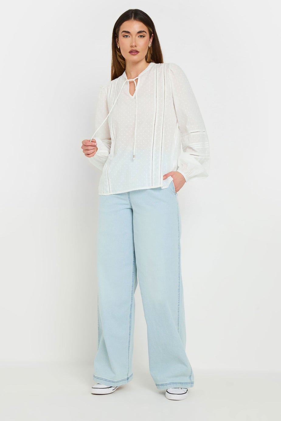 Long Tall Sally White Cotton Dobby Tie Neck Blouse