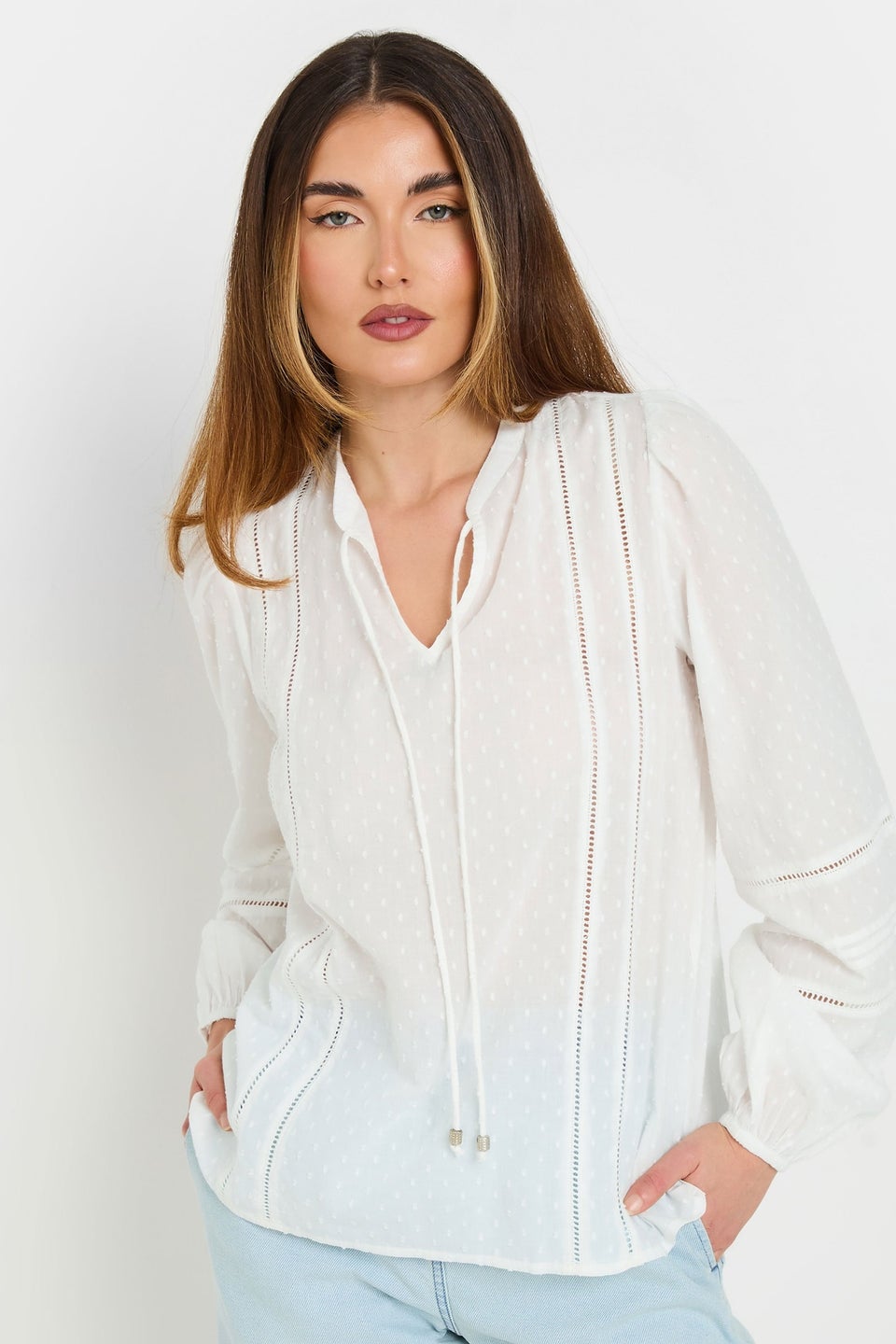 Long Tall Sally White Cotton Dobby Tie Neck Blouse