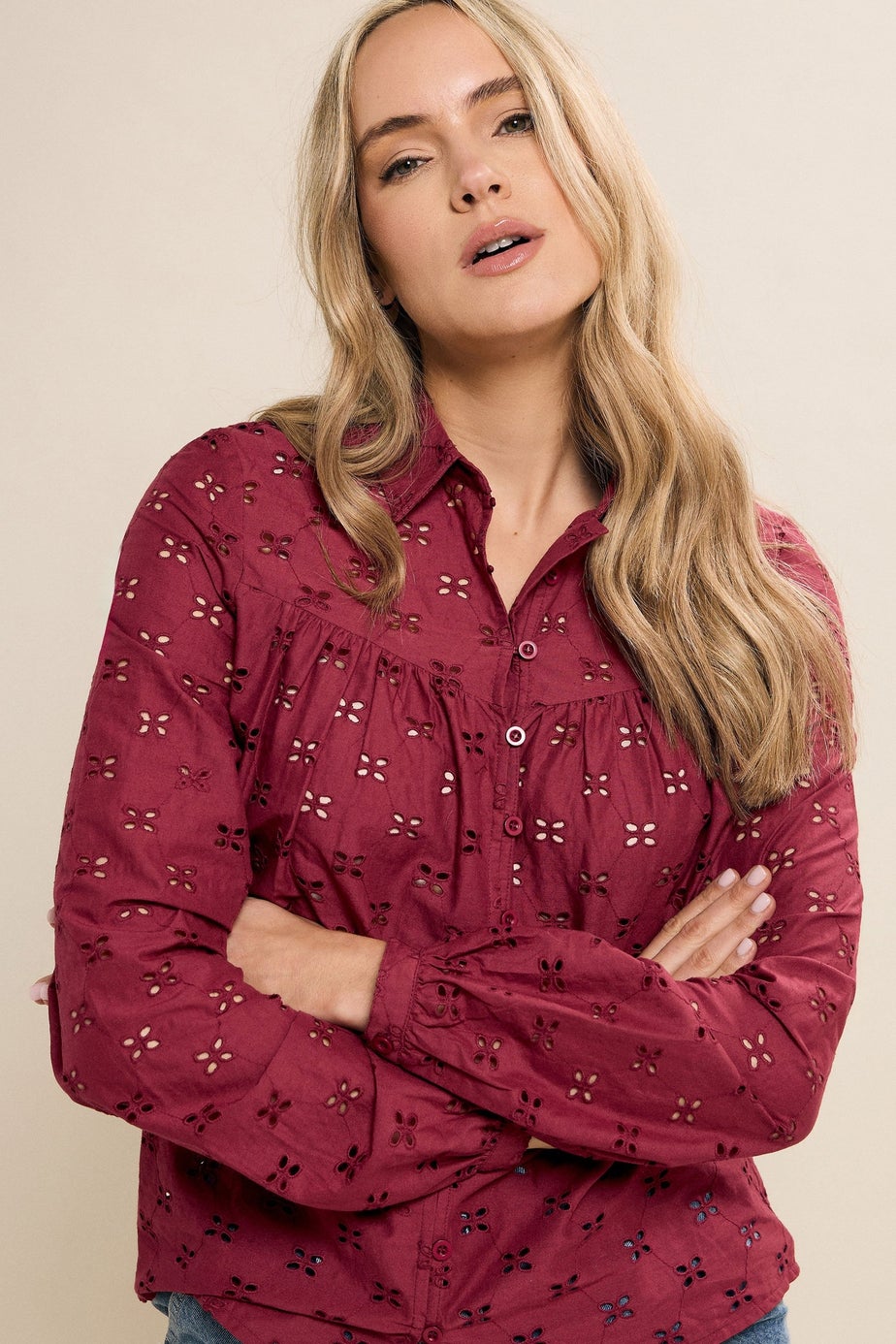 Long Tall Sally Red Cotton Broderie Yoke Shirt