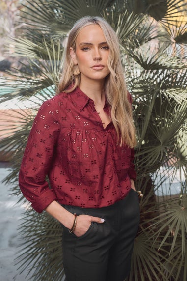 Long Tall Sally Red Cotton Broderie Yoke Shirt