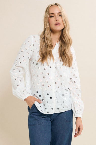 Long Tall Sally White Cotton Broderie Yoke Shirt