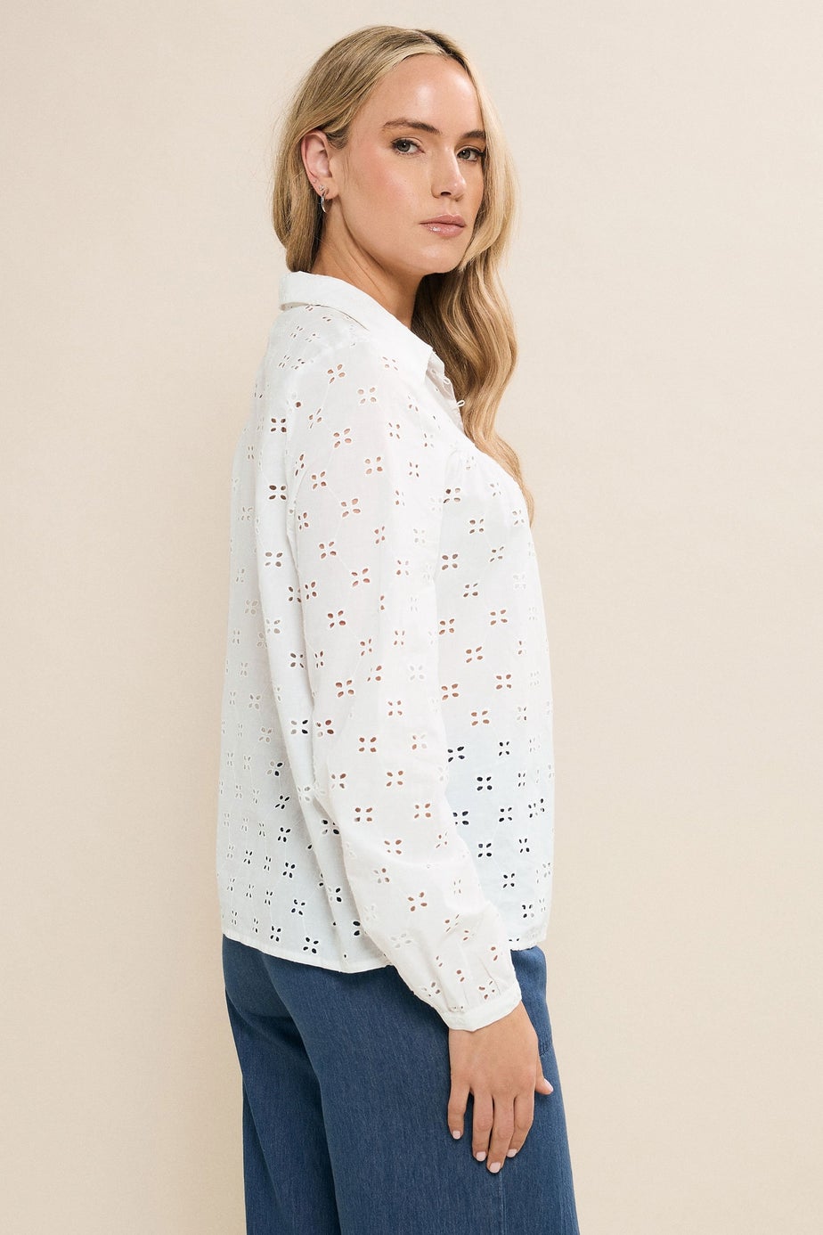 Long Tall Sally White Cotton Broderie Yoke Shirt