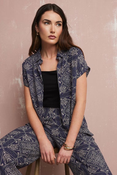 Long Tall Sally Navy Blue Tile Print Button Shirt