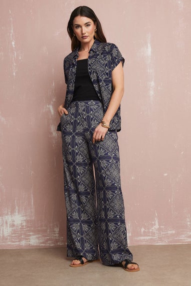 Long Tall Sally Navy Blue Tile Print Button Shirt