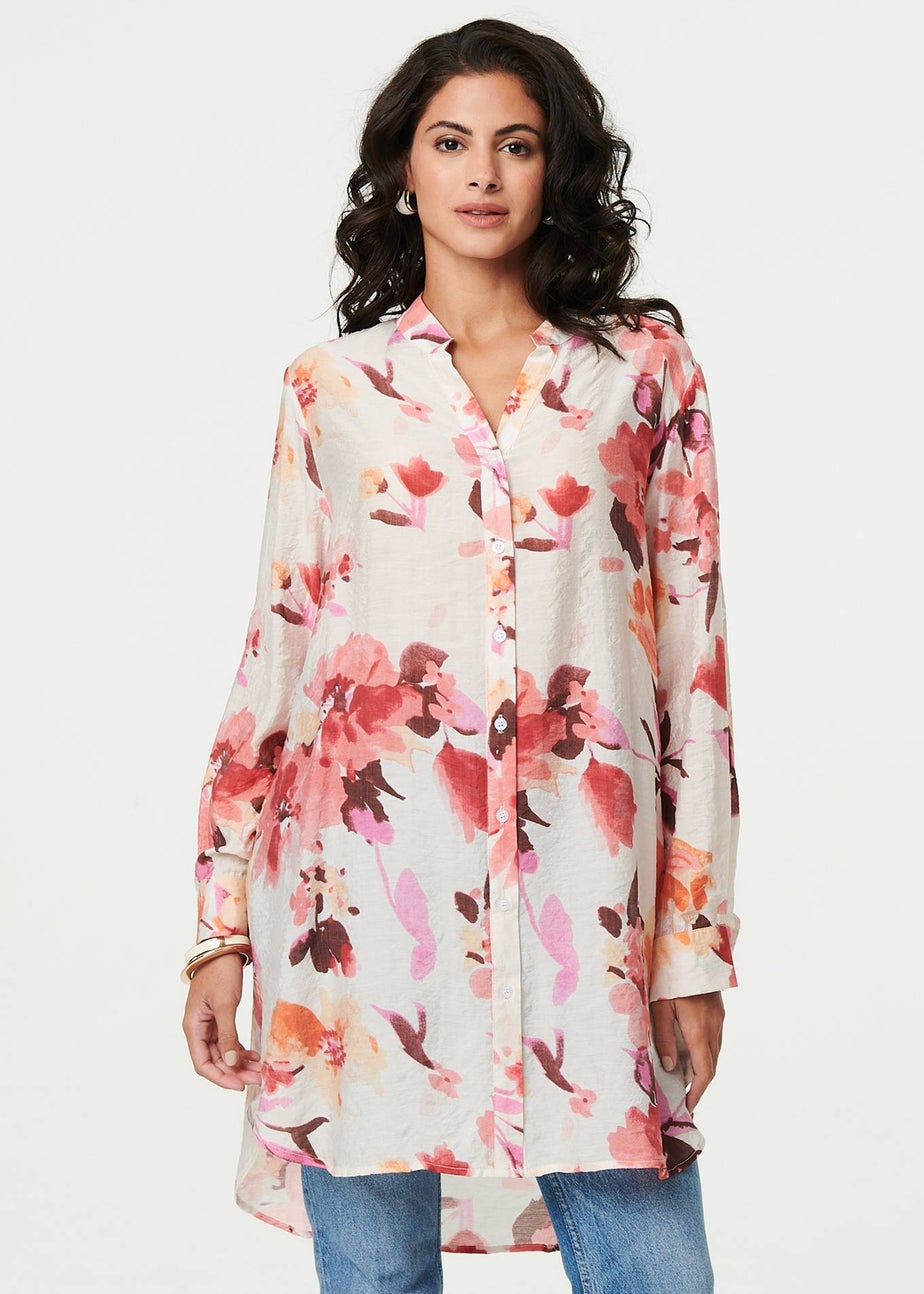 Izabel London Pink Floral Long Sleeve Longline Shirt Dress