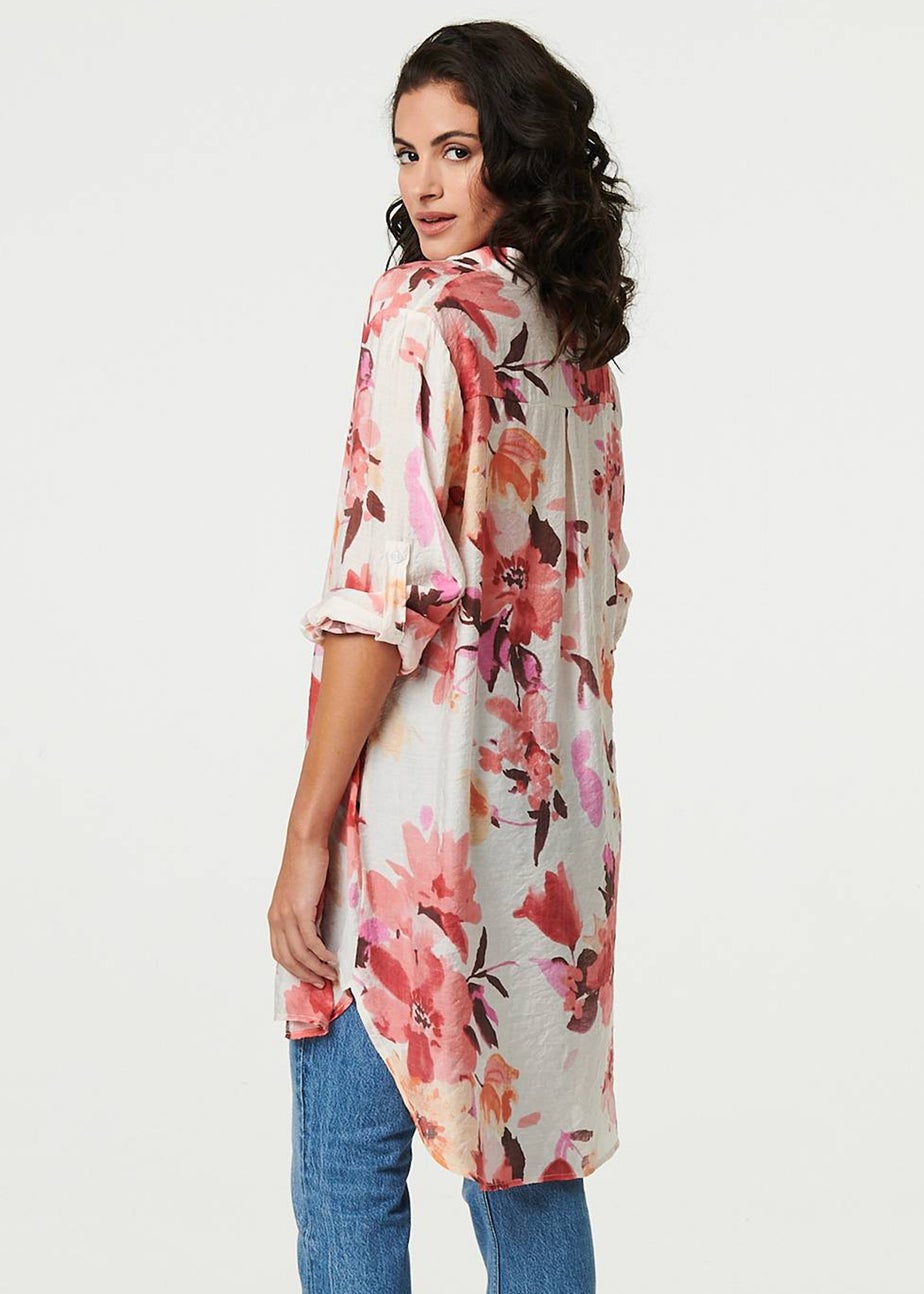 Izabel London Pink Floral Long Sleeve Longline Shirt Dress