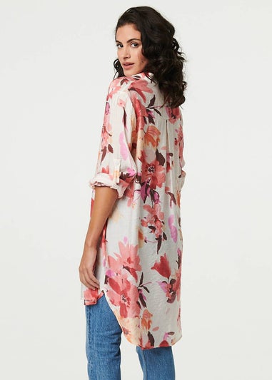 Izabel London Pink Floral Long Sleeve Longline Shirt Dress