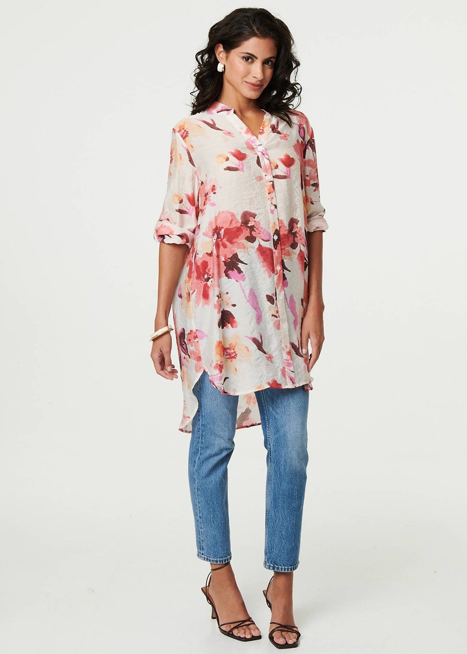 Izabel London Pink Floral Long Sleeve Longline Shirt Dress