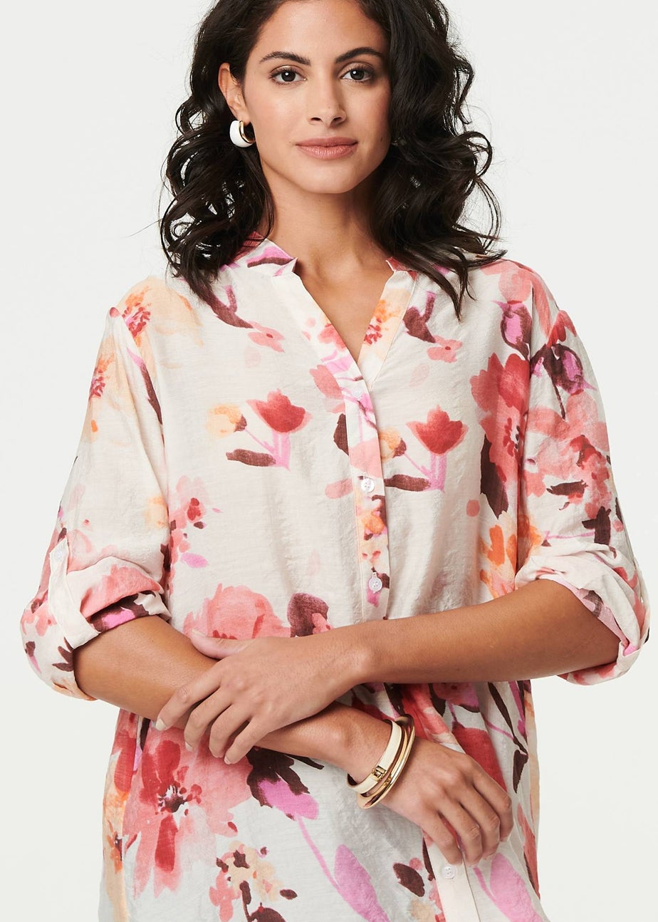 Izabel London Pink Floral Long Sleeve Longline Shirt Dress