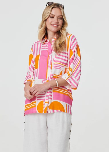 Izabel London Pink Abstract 3/4 Sleeve Relaxed Shirt