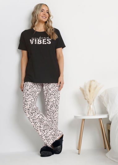 Long Tall Sally Black Leopard Weekend Vibes Slogan Pyjama Set
