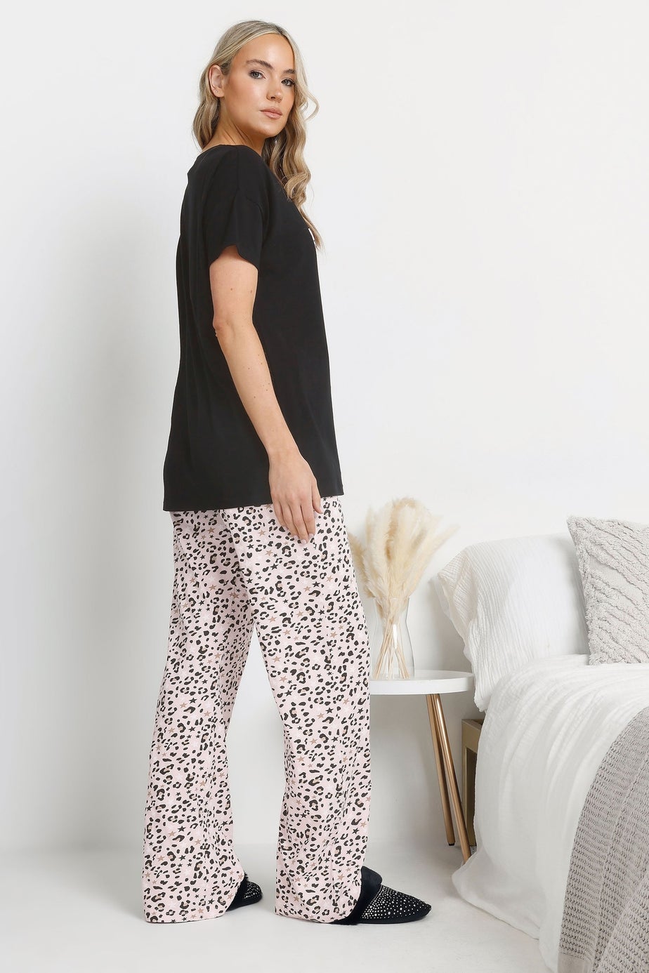 Long Tall Sally Black Leopard Weekend Vibes Slogan Pyjama Set