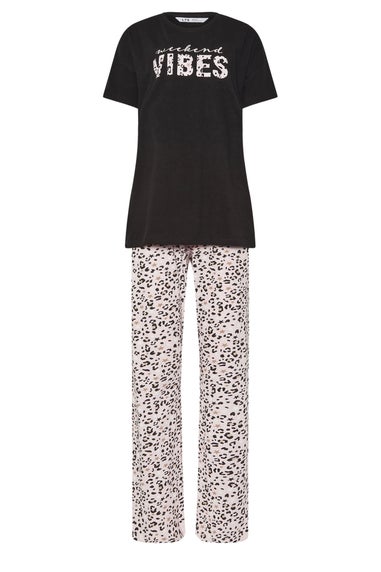 Long Tall Sally Black Leopard Weekend Vibes Slogan Pyjama Set