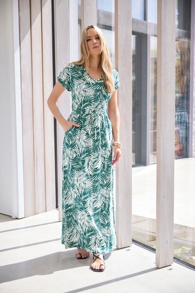 Long Tall Sally Green Cotton Tropical Palm Print Drawstring Maxi Dress