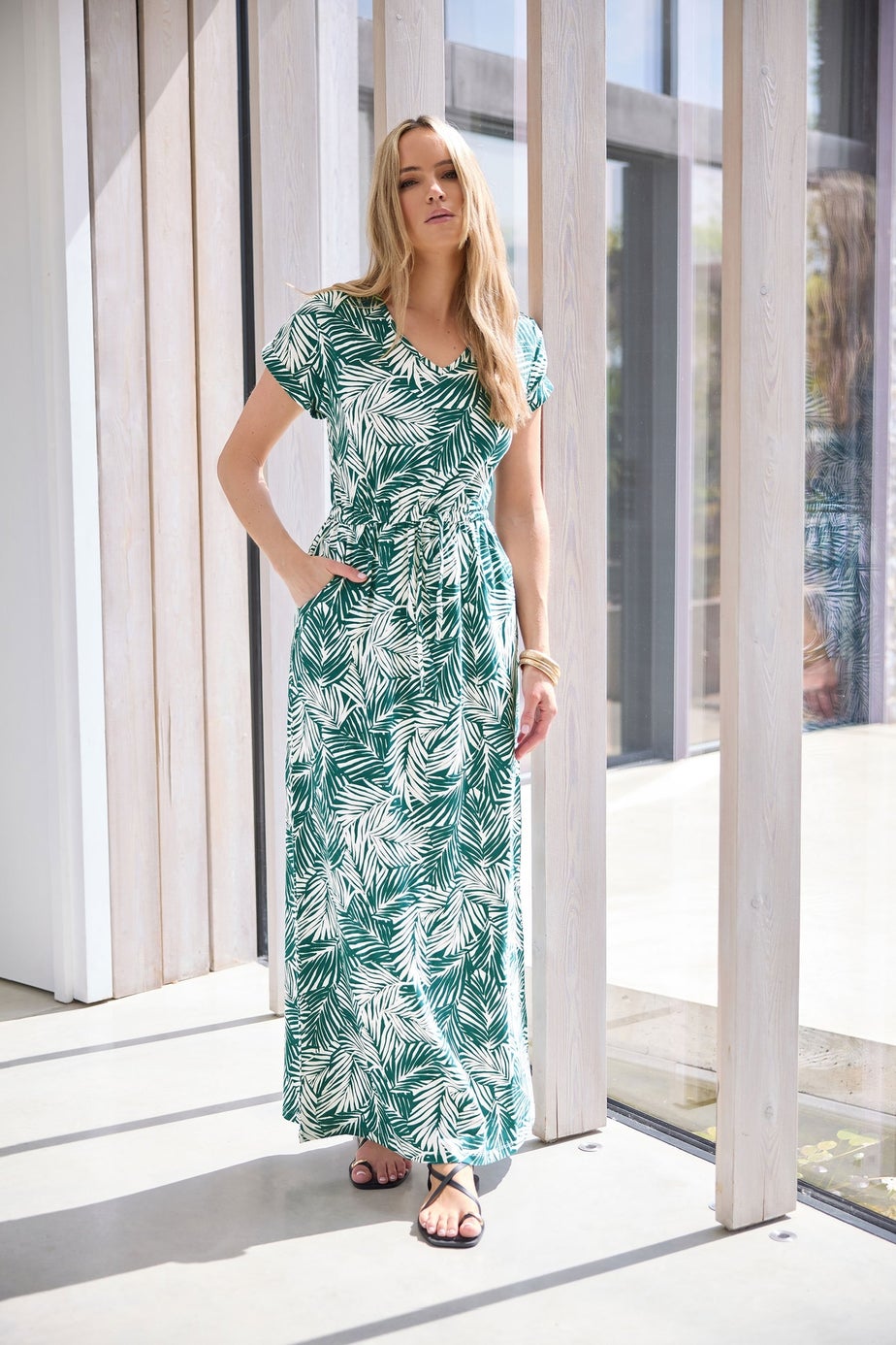 Long Tall Sally Green Cotton Tropical Palm Print Drawstring Maxi Dress