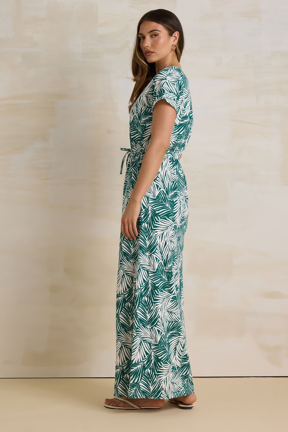 Long Tall Sally Green Cotton Tropical Palm Print Drawstring Maxi Dress