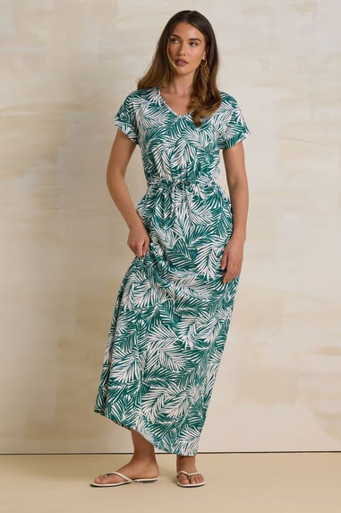 Long Tall Sally Green Cotton Tropical Palm Print Drawstring Maxi Dress
