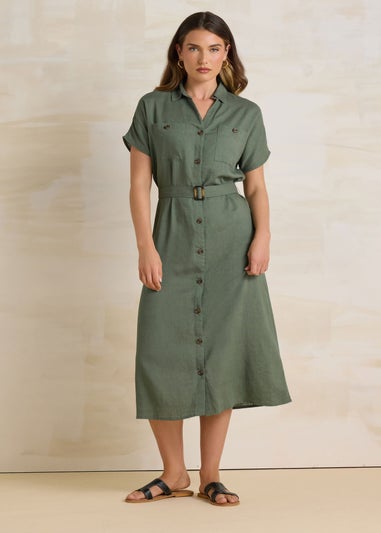 Long Tall Sally Khaki Green Linen Button Midi Dress