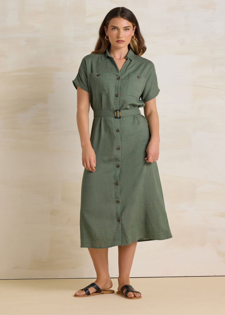 Long Tall Sally Khaki Green Linen Button Midi Dress