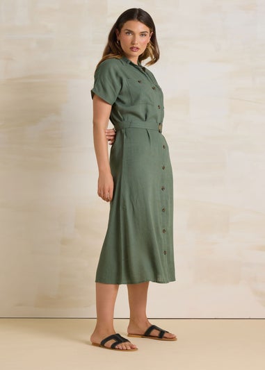 Long Tall Sally Khaki Green Linen Button Midi Dress