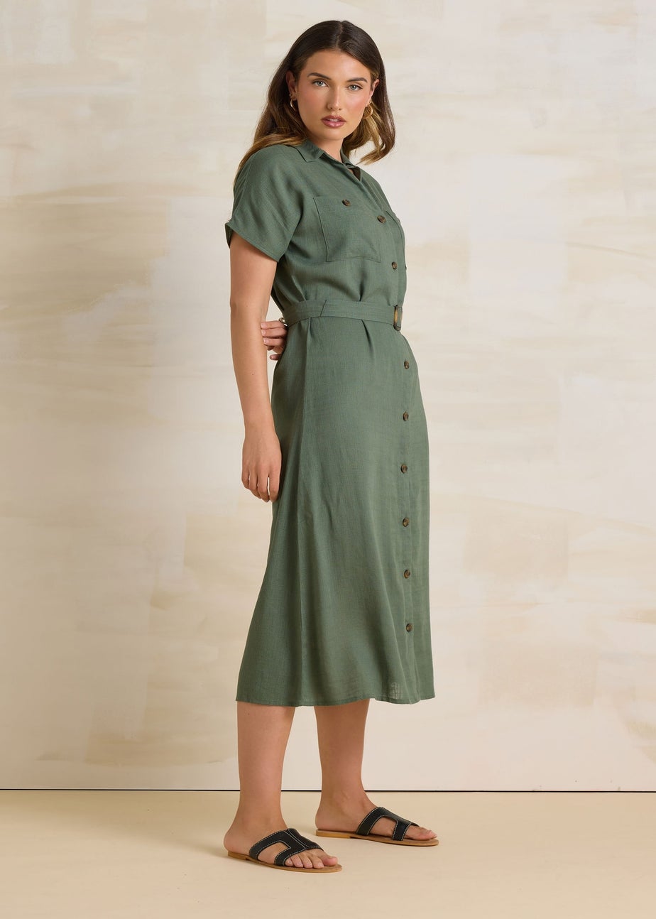 Long Tall Sally Khaki Green Linen Button Midi Dress