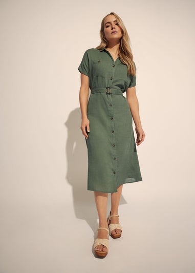 Long Tall Sally Khaki Green Linen Button Midi Dress