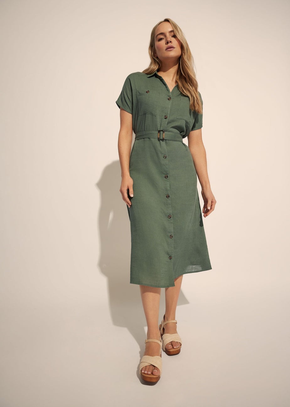 Long Tall Sally Khaki Green Linen Button Midi Dress