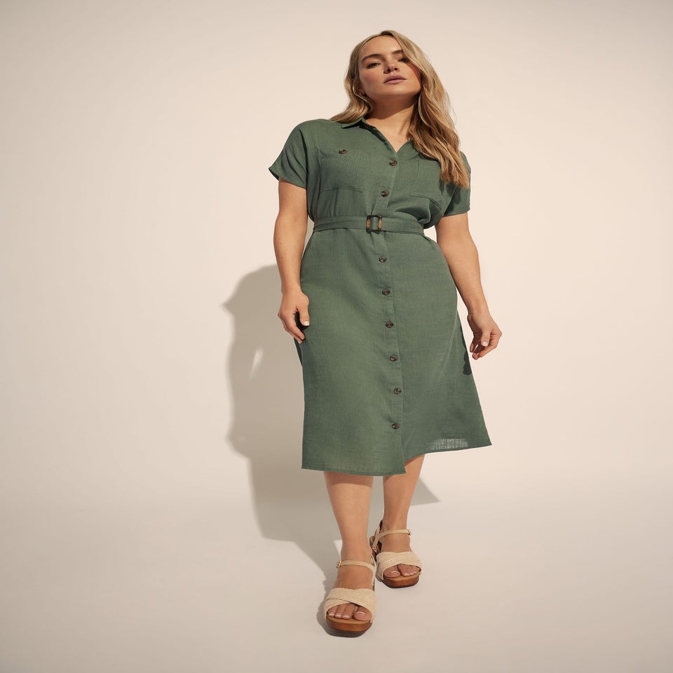 Long Tall Sally Khaki Green Linen Button Midi Dress