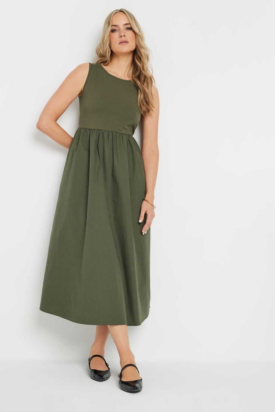 Long Tall Sally Khaki Green Jersey & Woven Mix Fabric Midi Dress