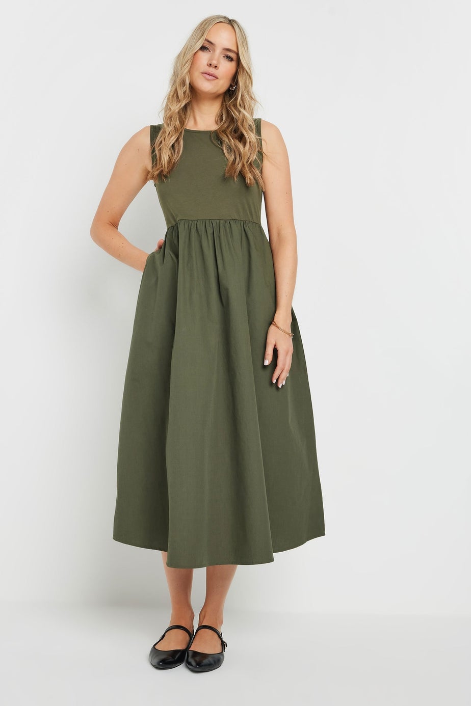 Long Tall Sally Khaki Green Jersey & Woven Mix Fabric Midi Dress