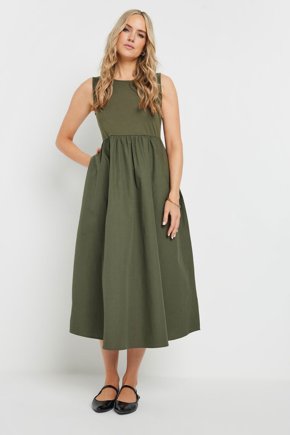 Long Tall Sally Khaki Green Jersey & Woven Mix Fabric Midi Dress