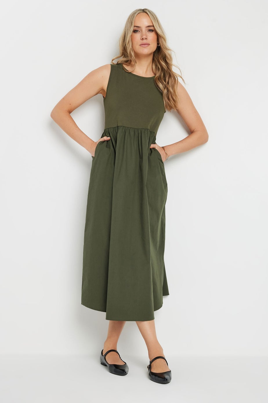 Long Tall Sally Khaki Green Jersey & Woven Mix Fabric Midi Dress