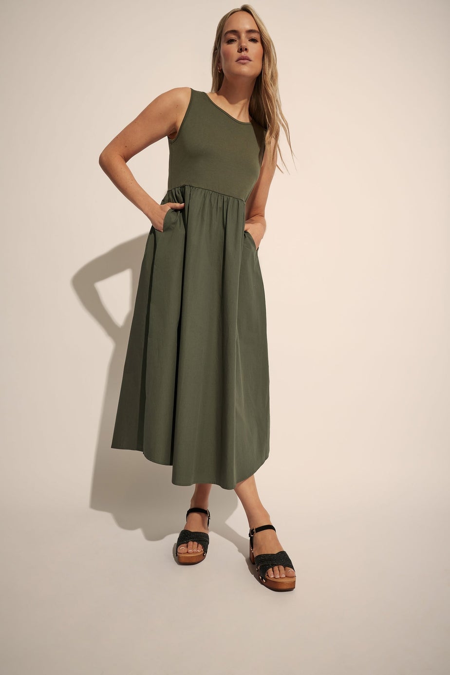 Long Tall Sally Khaki Green Jersey & Woven Mix Fabric Midi Dress