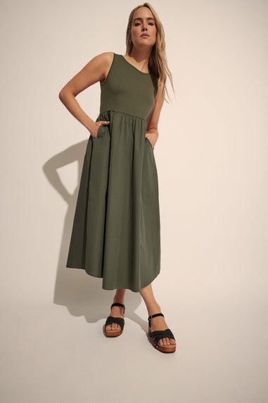 Long Tall Sally Khaki Green Jersey & Woven Mix Fabric Midi Dress