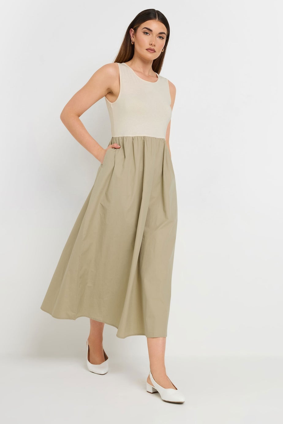 Long Tall Sally Beige Brown Jersey & Woven Mix Fabric Midi Dress