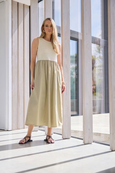 Long Tall Sally Beige Brown Jersey & Woven Mix Fabric Midi Dress