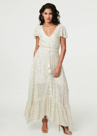 Izabel London Gold Animal Print Tassel Tie Maxi Dress