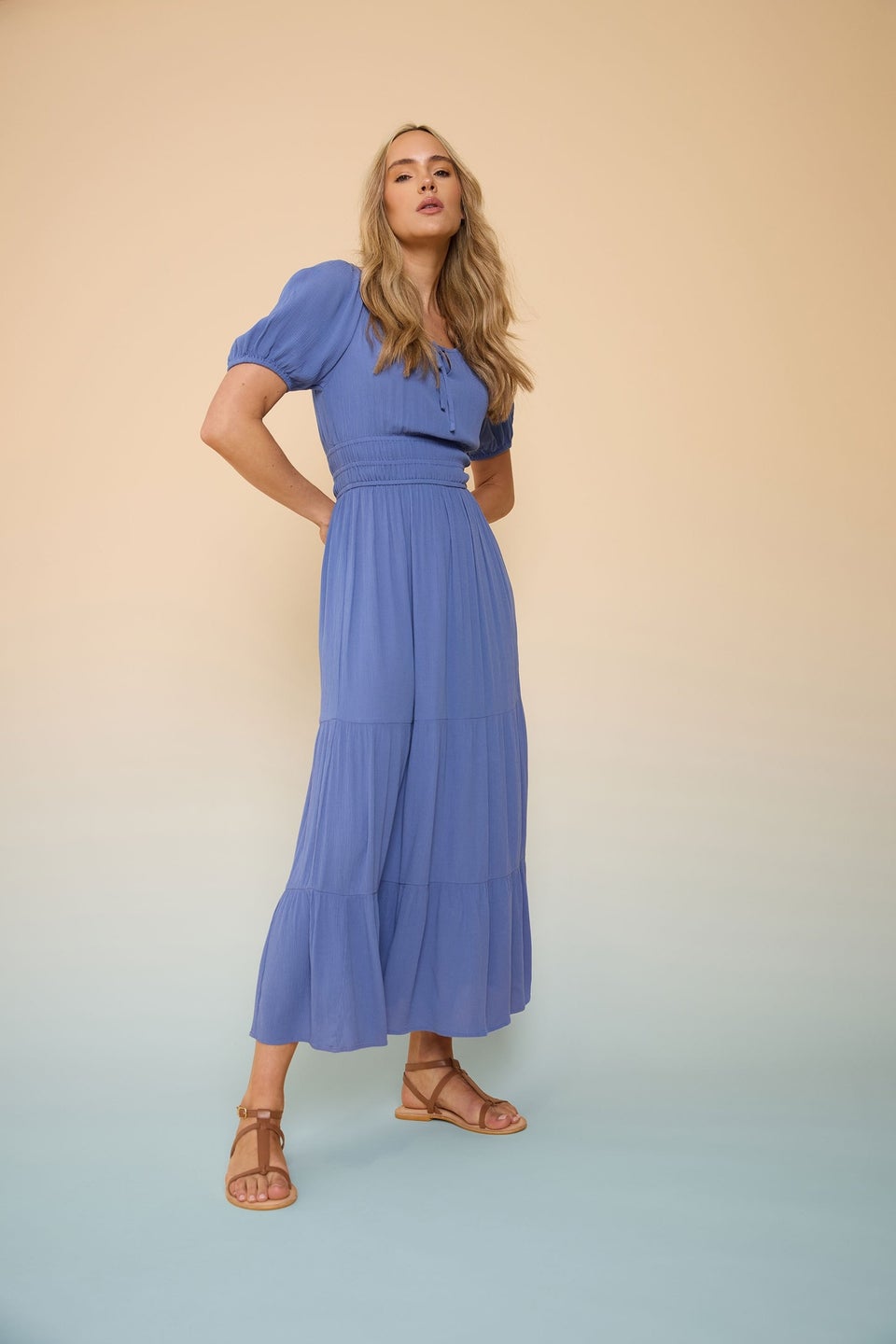 Long Tall Sally Tall Blue Textured Balloon Sleeve Dress