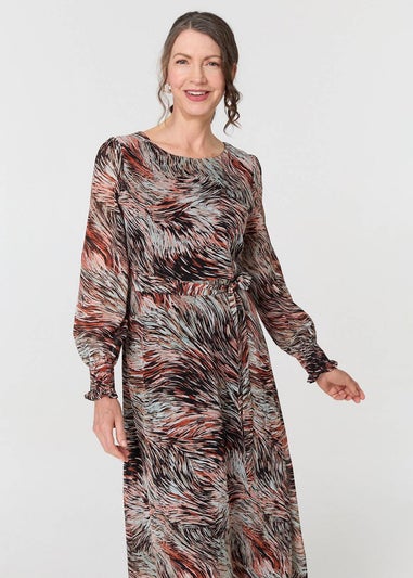 Izabel London Orange Printed Tie Waist Long Sleeve Maxi Dress