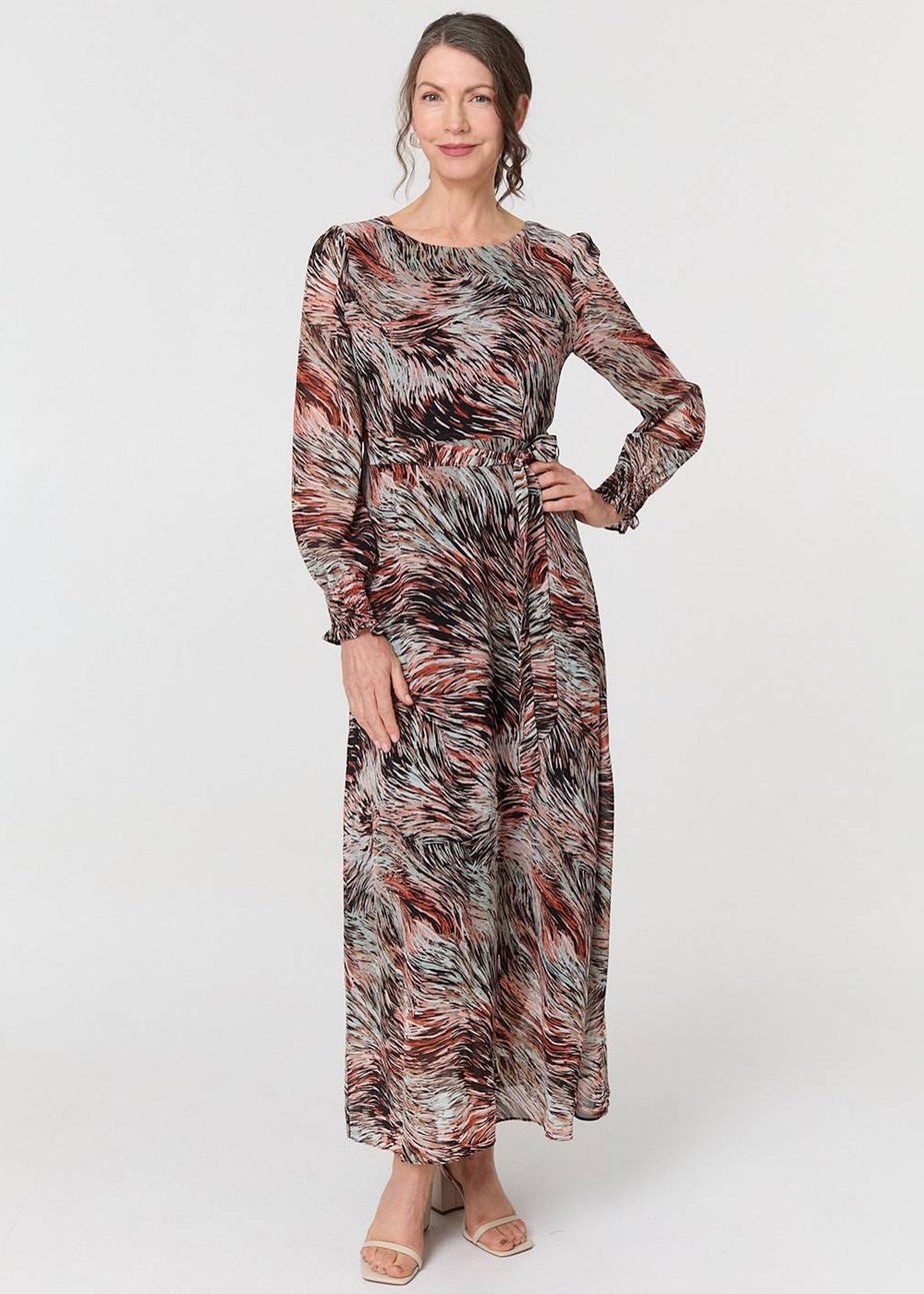 Izabel London Orange Printed Tie Waist Long Sleeve Maxi Dress